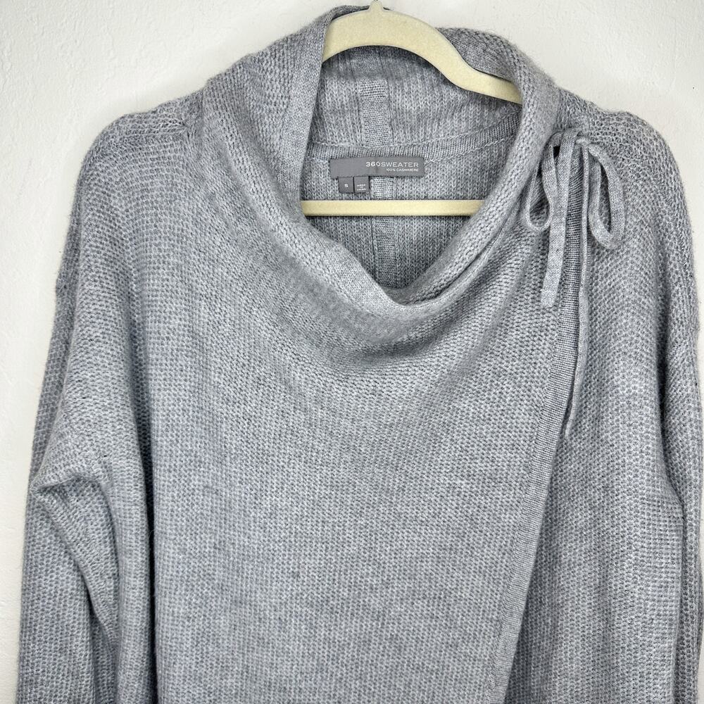 360 Cashmere Grey Draped Wrap Tie Front Moto Waterfall Cardigan Sweater Small - Picture 3 of 15